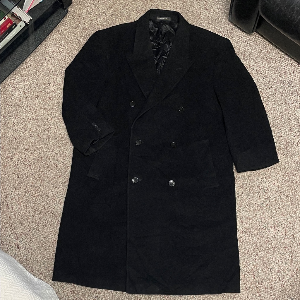 Oscar Da La Renta Cashmere Wool Men's Black Double-Breasted Long Coat